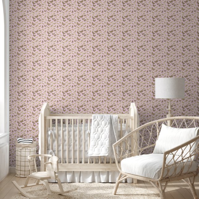 Cute Girly Beige Pink Butterfly Pattern Wallpaper (Kids)