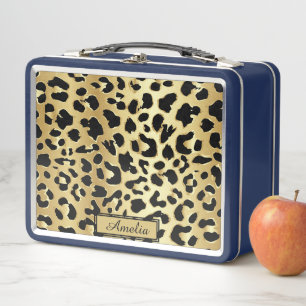 Cute Girly Black & Gold Leopard Print Personalised Metal Lunch Box