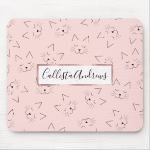 Cute Girly Black Kitty Cat Face Pink Pattern Mouse Pad
