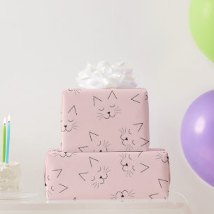 Cute Girly Black Kitty Cat Face Pink Pattern Wrapping Paper