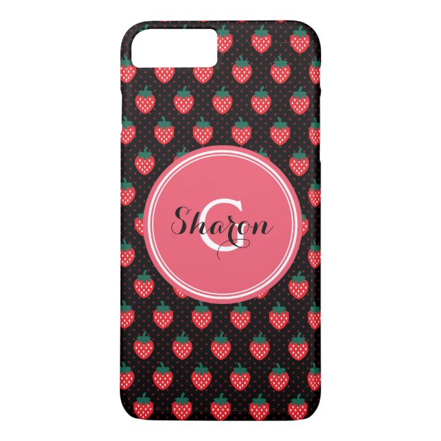 Cute girly black pink strawberry patterns monogram Case-Mate iPhone case (Back)