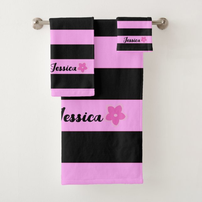 Cute Girly Black & Pink Stripes Frangipani Custom Bath Towel Set (Insitu)