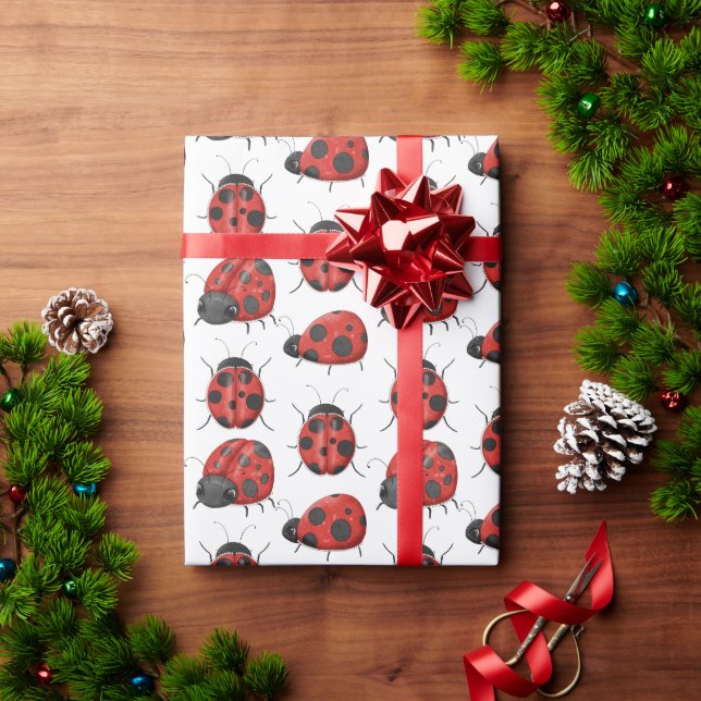 Cute Girly Black Red Watercolor Ladybug Pattern Wrapping Paper (Holiday Gift)