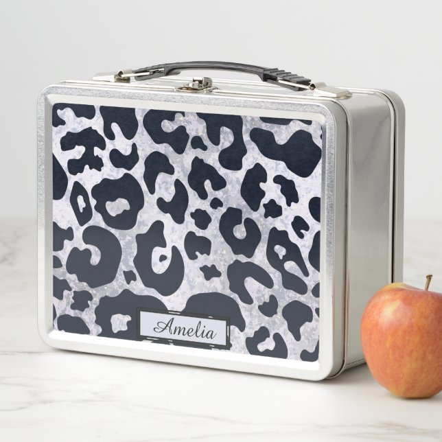 Cute Girly Black & Silver Leopard Print Custom Metal Lunch Box (In Situ)