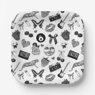 Cute Girly Black White Aesthetic Pattern Paper Plate