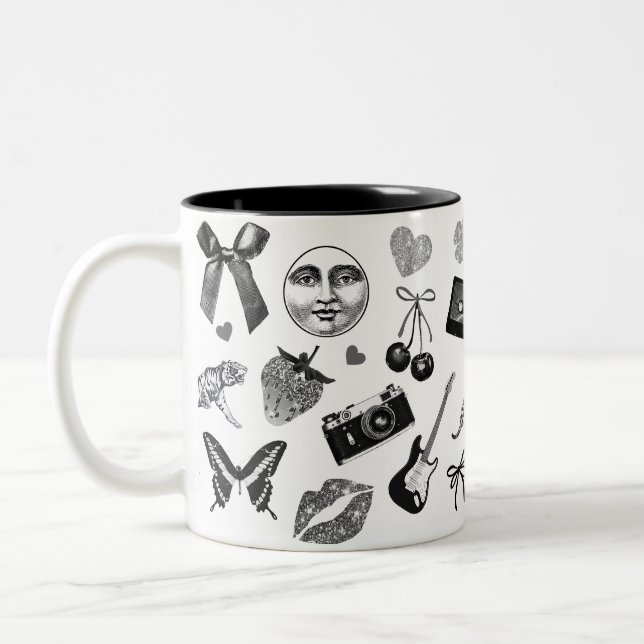 Cute Girly Black White Aesthetic Pattern Two-Tone Coffee Mug (Left)