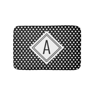 Cute Girly Black White Polka Dots Monogram Bath Mat