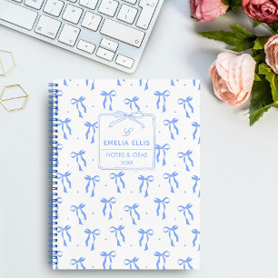 Cute Girly Blue and White Coquette Bows Monogram Notebook