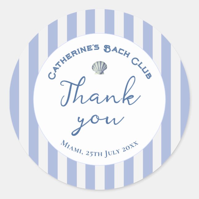 Cute Girly Blue Coastal Cowgirl Stripe Thank you Classic Round Sticker (Front)