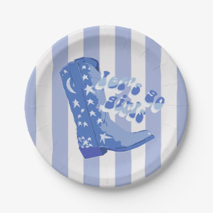 Cute Girly Blue Cowgirl Boot Stripe Paper Plate