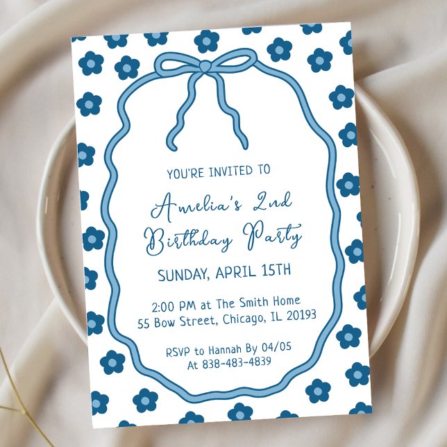 Cute Girly Blue Flowers and Bow Birthday Party Invitation (Creator Uploaded)