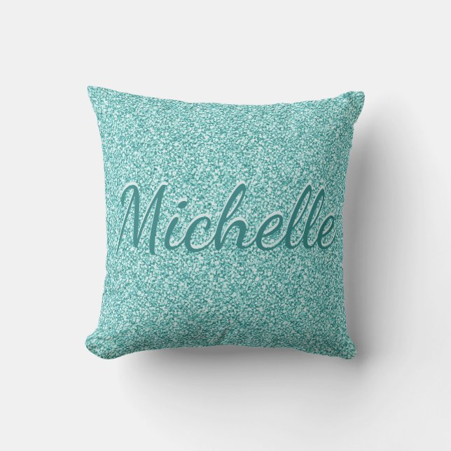 Cute Girly Blue Glitter Monogram Name Cushion (Front)
