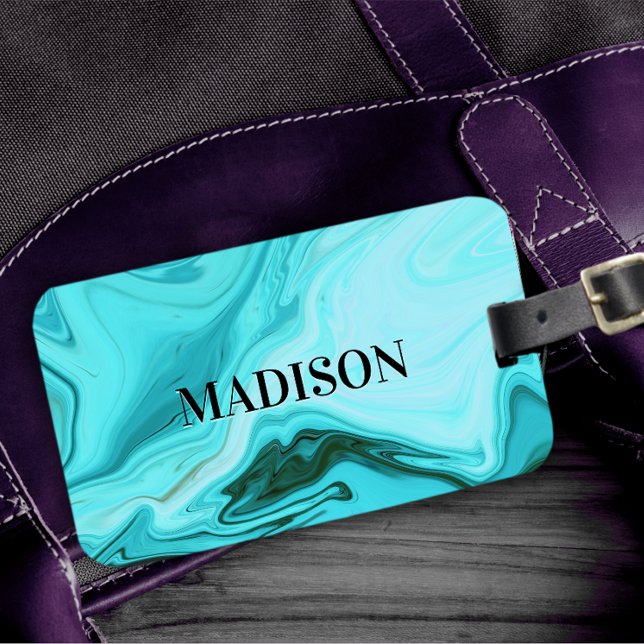 Cute girly blue marble art monogram  luggage tag (Creator Uploaded)