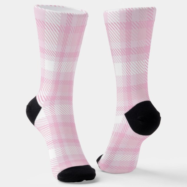 Cute Girly Blush Pink and White Plaid Pattern Socks (Angled)