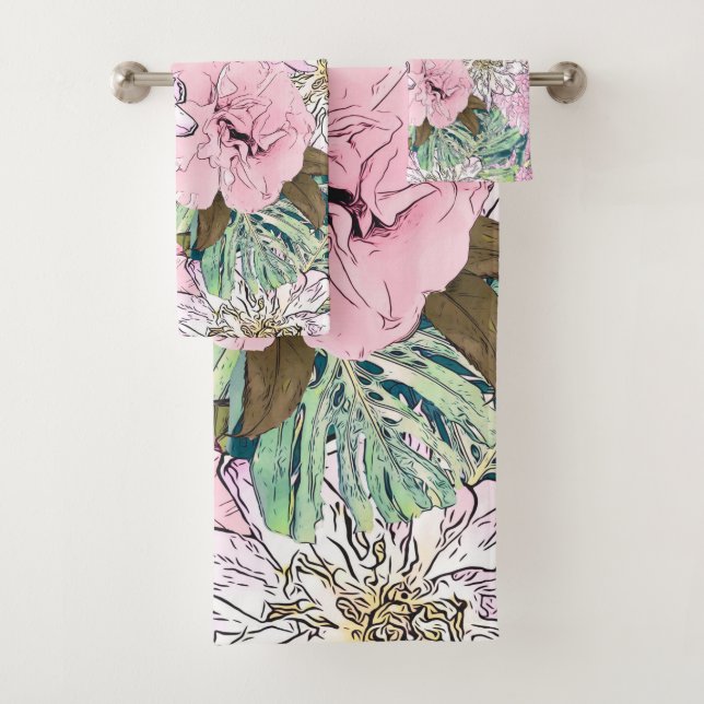 Cute Girly Blush Pink & White Floral Illustration Bath Towel Set (Insitu)