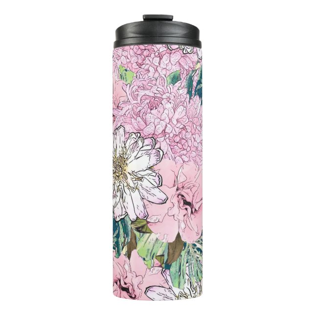 Cute Girly Blush Pink & White Floral Illustration Thermal Tumbler (Front)