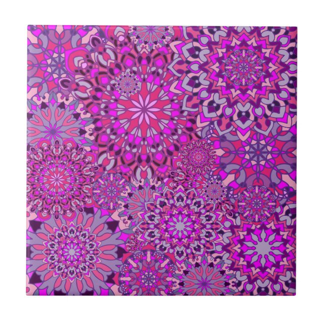 Cute Girly Boho Chic Pink Purple Floral Mandalas Tile (Front)