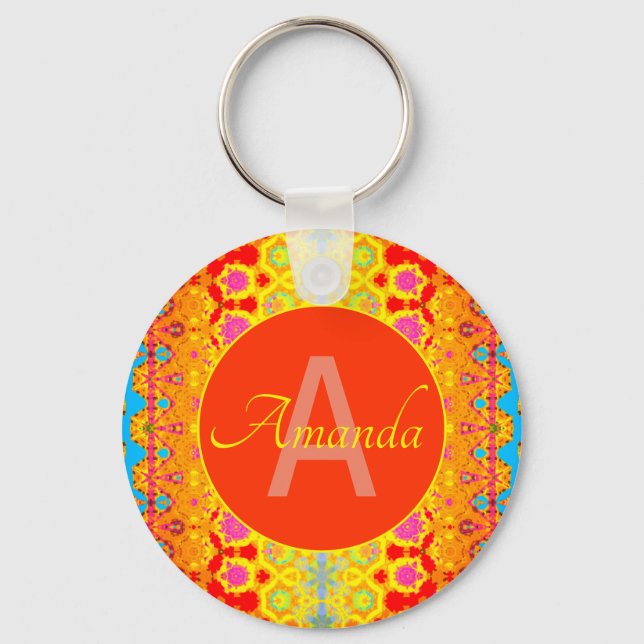 Cute Girly Boho Pattern Pink Orange Yellow Blue Key Ring (Front)