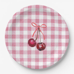 Cute Girly Bow Cherry Pink Gingham Plaid Paper Plate