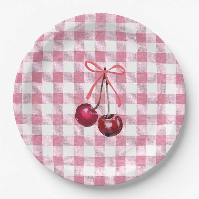 Cute Girly Bow Cherry Pink Gingham Plaid  Paper Plate (Front)