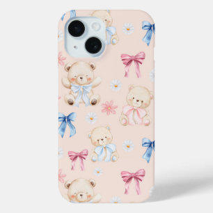 Cute Girly Bow Teddy Bears Seamless Pattern iPhone 15 Case