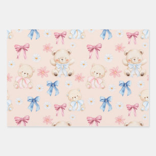 Cute Girly Bow Teddy Bears Seamless Pattern Wrapping Paper Sheet