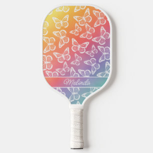 Cute Girly Butterfly Pastel Rainbow Add Your Name Pickleball Paddle
