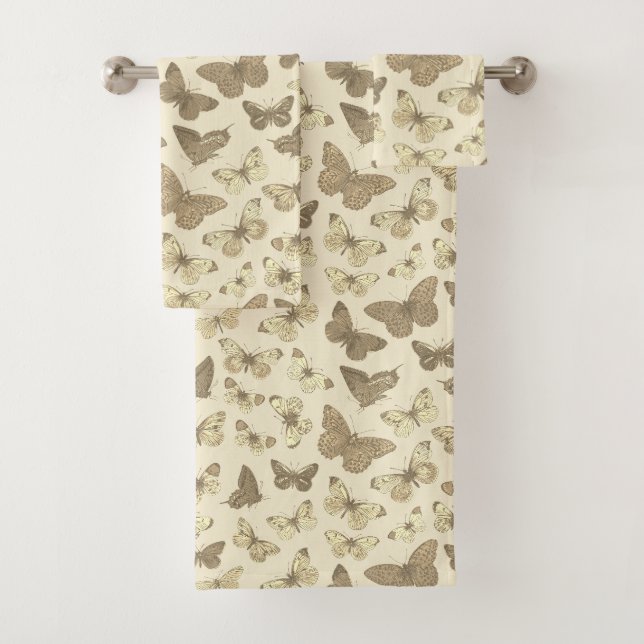 Cute Girly Butterfly Pattern Beige Bath Towel Set (Insitu)