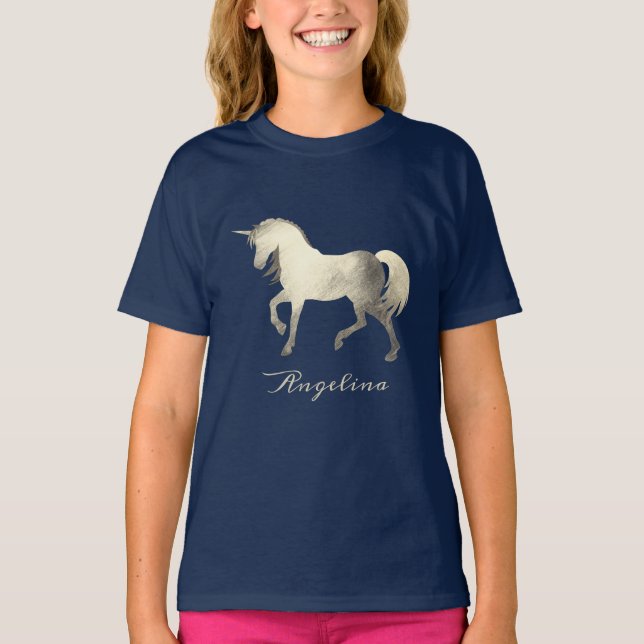 Cute Girly & Chic Silver Foil Unicorn Personalised T-Shirt (Front)