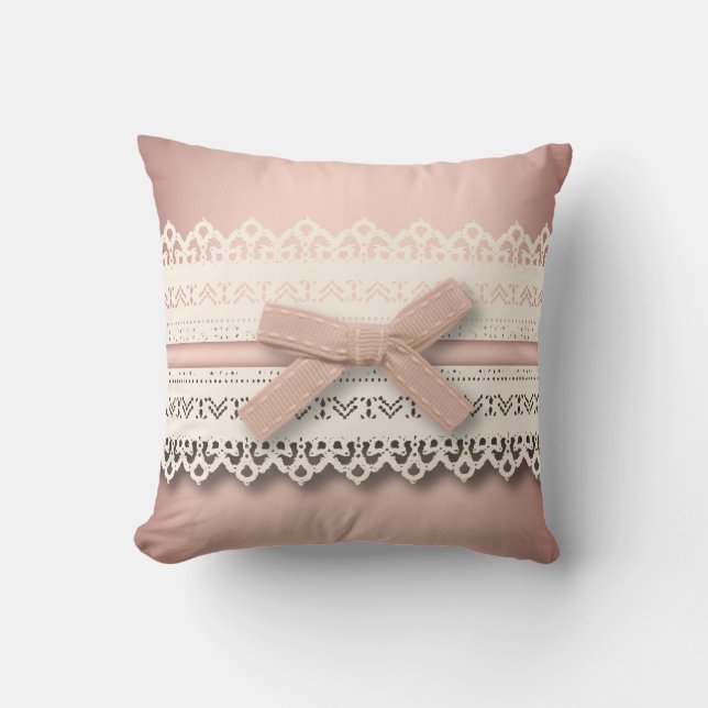 cute girly chic white lace dusty rose pink bow cushion (Front)