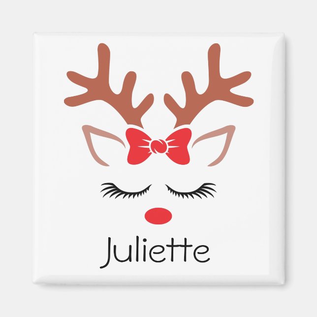 Cute girly Christmas Reindeer red bow nose lashes Magnet (Front)
