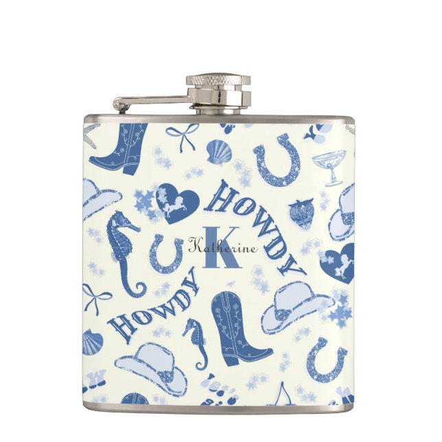 Cute Girly Coastal Cowgirl Name Monogram Hip Flask (Front)