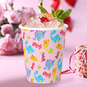 Cute Girly Colourful Pink Dinosaur Theme Birthday Paper Cups