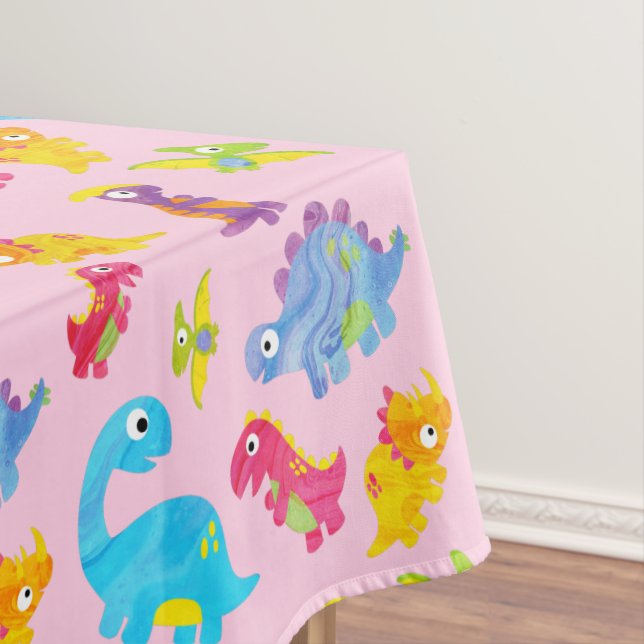 Cute Girly Colourful Pink Dinosaur Theme Birthday Tablecloth (In Situ)