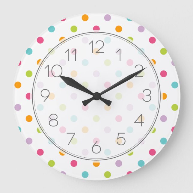 Cute Girly Colourful Polka Dots Large Clock (Front)
