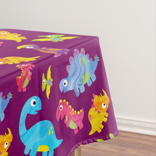 Cute Girly Colourful Purple Dinosaur Theme Birthda Tablecloth (In Situ)
