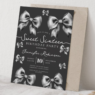 Cute Girly Coquette Bow Sweet 16 Birthday Black  Invitation