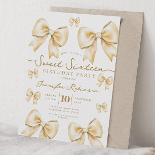 Cute Girly Coquette Bow Sweet 16 Birthday Gold  Invitation