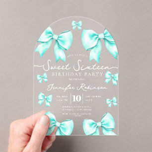Cute Girly Coquette Bow Sweet 16 Birthday Teal Acrylic Invitations