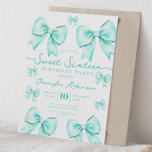 Cute Girly Coquette Bow Sweet 16 Birthday Teal  Invitation