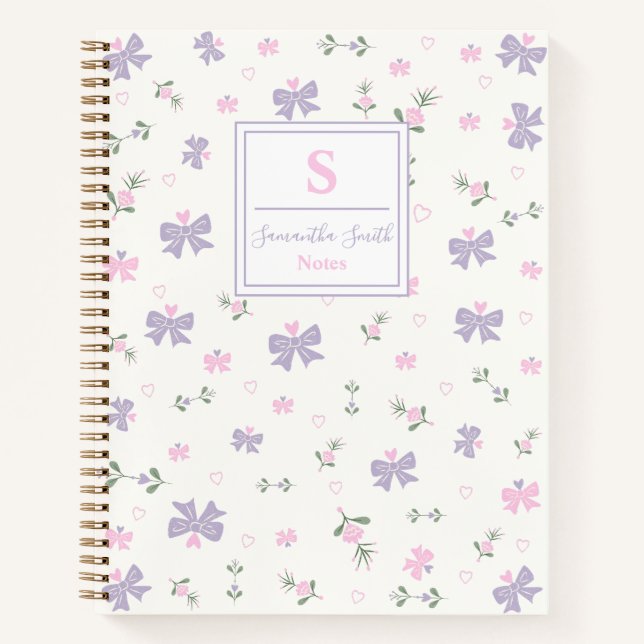 Cute Girly Coquette Flowers & Bows Monogram Name Notebook (Front)