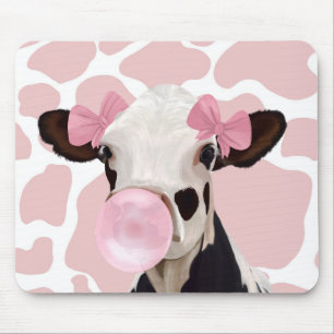 Cute Girly Cow Blowing Pink Bubblegum Mouse Pad