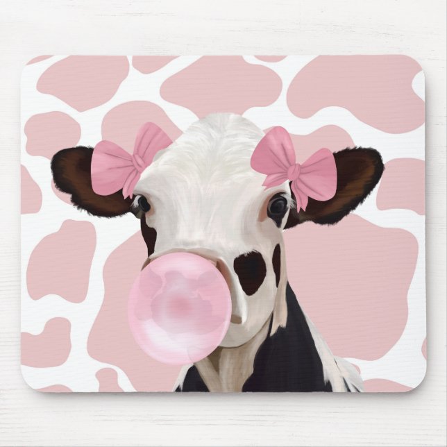 Cute Girly Cow Blowing Pink Bubblegum Mouse Pad (Front)