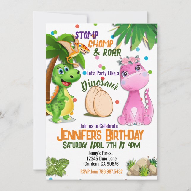 Cute Girly Dinosaur birthday invitation (Front)