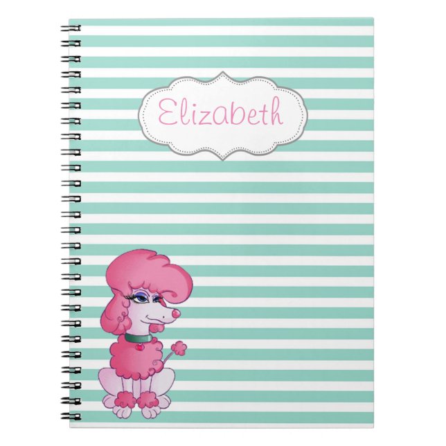 Cute Girly  Dog On Mint White Stripes-Personalised Spiral Notebook (Front)