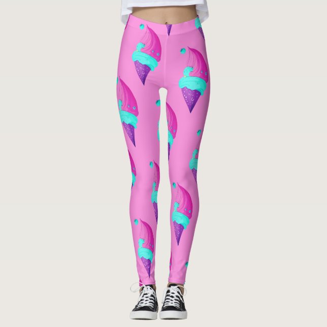 Cute Girly Doll Colour Pink Blue Ice Cream Pattern Leggings (Front)
