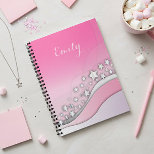 Cute Girly Dreamy Silver Stars on Blush Pink Name Notebook