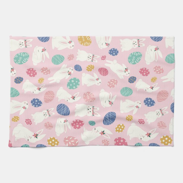 Cute Girly Easter Bunny Modern Pink Floral Eggs Tea Towel (Horizontal)