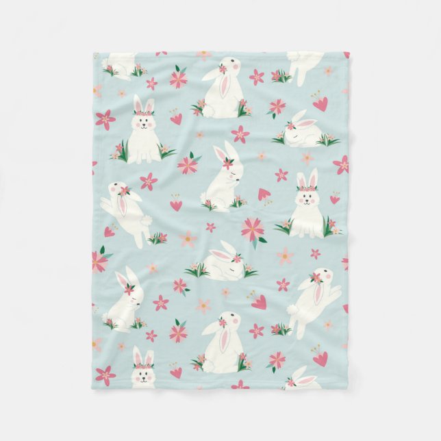 Cute Girly Easter Bunny Modern Pink Floral Fleece Blanket (Front)