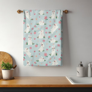 Cute Girly Easter Bunny Modern Pink Floral Tea Towel